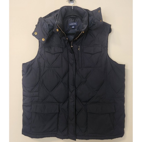 Lands' End Jackets & Blazers - Lands End Womens Diamond Quilted Vest Goose Down XL Hooded Pockets Black Outdoor
